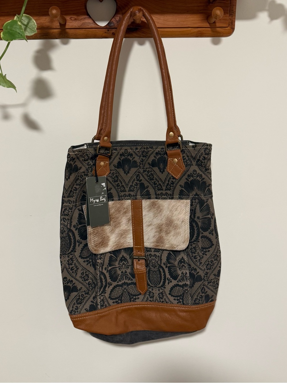 Myra Bag Cow Skin Tan & Black Patterned Shoulder Tote